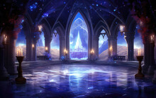 Illustration Of A Fantasy Medieval Interior. Arches, Lights And Beautiful Ceiling With Stars.