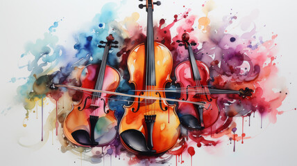 Wall Mural - Illustration of music symbols, instruments and notes in colorful watercolors