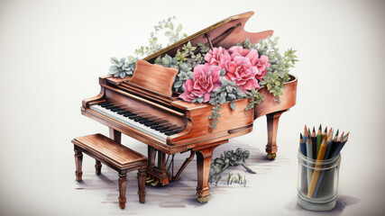 Wall Mural - Illustration of a piano in colorful watercolors, isolated on a white background