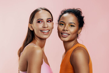 Race woman make-up together skin mixed colorful two happy model beauty studio