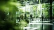 Green, sustainable and environmental office space with daily employee rush. Modern and nature friendly startup business with ESG standards and care for worker wellness and healthy environment.