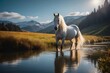 A White Horse's Tranquil Realm by the Mirror-Like Magical Lake