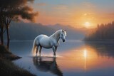 Fototapeta Konie - Majestic White Horse Beside a Serene Magical Lake: A Vision of Tranquility