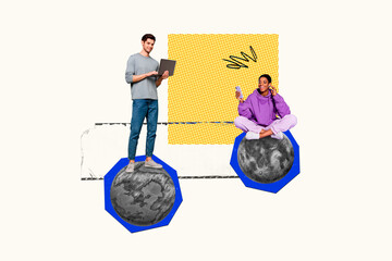 Aufkleber - Photo sketch collage picture of workers worldwide communicating modern devices isolated creative background