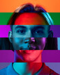 Whole. Cropped by horizontal position portraits of male different races faces isolated over multicolored neon backgrounds.