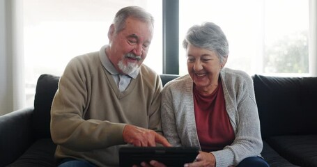 Poster - Senior couple, tablet and streaming a movie on couch, sofa or watching a tv show or series on internet in living room and home. Happy, elderly man and woman together to watch a video on mobile app