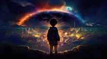 Little Boy Looking At Planet In Space From A High Point Of View. Fantasy Landscape Illustration.