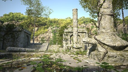 Wall Mural - Stone sacred temple. Ruins of an old abandoned temple overgrown with green vegetation. Beautiful authentic landscape. Photorealitic 3D illustration.