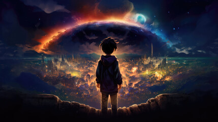 Canvas Print - Little boy looking at planet in space from a high point of view. Fantasy landscape illustration.