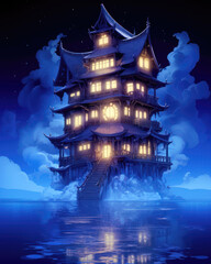 Wall Mural - Night scene with ancient Chinese temple in the sea