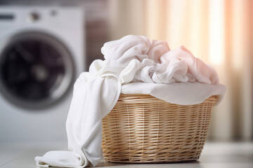 Wall Mural - basket with white clothes on the floor in front of a blurry washing machine in the background