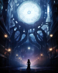 Canvas Print - Silhouette of a woman standing in front of a giant glowing clock at night