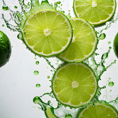 fresh lime and splashes of water on a white background. ai generative