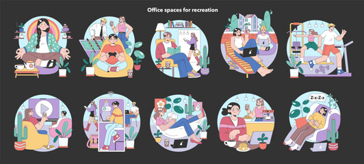 Office recreation set. Employees unwind in cozy zones. Meditation, board games, reading corners. Casual chats, workouts, and naps. Creativity blooms in relaxation. Flat vector illustration