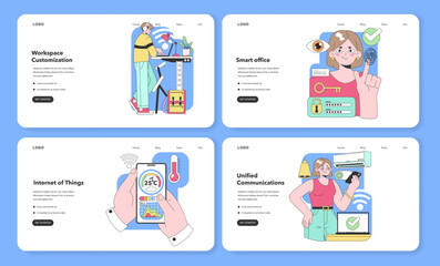 Poster - Modern Office Technologies set. Innovative solutions for workspace flexibility, tech-savvy office spaces, hands-on smart home controls, and seamless digital communication. Multi-device interaction