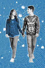 Sticker - Vertical collage image of two peaceful black white effect partners hold arms look each other walking snowy weather isolated on blue background