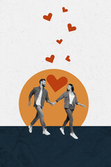 Sticker - Vertical image brochure collage of cheerful enamored people walking valentine day isolated on drawing background