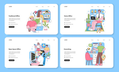  Office Environments set. Professionals navigate diverse work settings. Traditional desks, cozy home corners, collaborative open spaces, bustling coworking hubs. Flat vector illustration