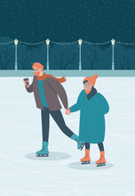 Happy Couple Skating Together On The Ice Rink In The Night