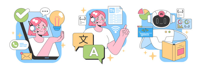 Poster - Digital Assistants Unleashed set. From making calls, creative brainstorming, coding, to AI analytics. Multitasking, real-time solutions, language translation. Flat vector illustration