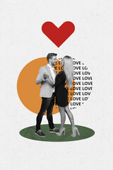 Sticker - Vertical image collage of beautiful young lovely couple celebrating holiday valentine day isolated on drawing background