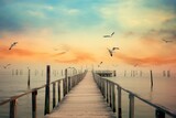 Fototapeta Łazienka - A Serene Sunset Pier with Majestic Seagulls Soaring Above the Sparkling Waters