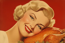 Blond Woman Leaning On Thanksgiving Turkey In Vintage Advertising Pin Up Illustration Style With Red Background