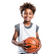 Portrait of a young kid holding a basketball with smiling on transparent background (png)