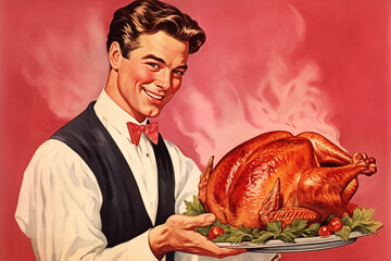 handsome man holding thanksgiving turkey in vintage advertising pin up illustration style with red background