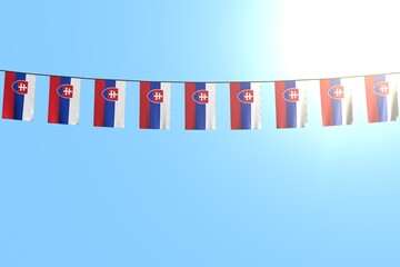 nice many Slovakia flags or banners hangs on string on blue sky background - any celebration flag 3d illustration..