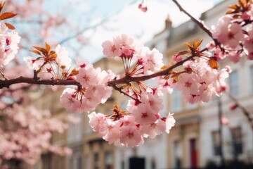 Wall Mural - Close-up view of pink cherry blossom flower branch with residential home building in Spring. Spring seasonal concept.