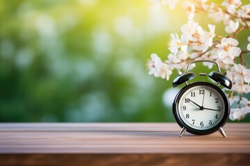 Wall Mural - Pink cherry blossom flower branch and an alarm clock on wood table top in Spring. Spring seasonal concept.