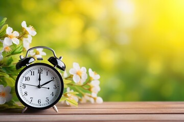 Wall Mural - Pink cherry blossom flower branch and an alarm clock on wood table top in Spring. Spring seasonal concept.