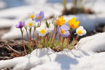 Wall Mural - Wild flower growing out of snow with variable colors in early Spring. Spring seasonal concept.