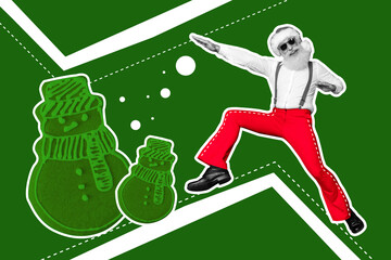 Poster - Artwork collage picture of excited black white colors aged santa dancing have good mood christmas cookies isolated on green background