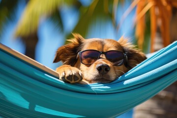 Wall Mural - Relaxed dog sleep with sunglasses on a hammock at a beach resort in Summer.