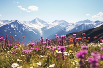 Wall Mural - Wild flower field in wild with variable colors and snow mountain background in Spring. Spring seasonal concept.