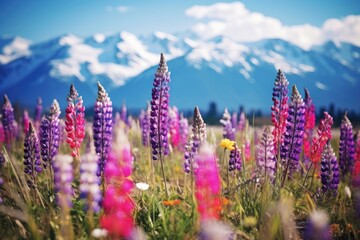 Wall Mural - Wild flower field in wild with variable colors and snow mountain background in Spring. Spring seasonal concept.