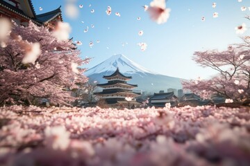 Wall Mural - Petals on ground with Mt Fuji and beautiful blooming cherry blossom woods with Japanese style temple building in Spring. Spring seasonal concept.