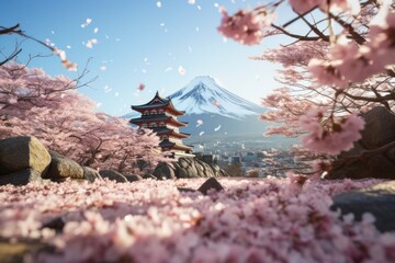 Wall Mural - Petals on ground with Mt Fuji and beautiful blooming cherry blossom woods with Japanese style temple building in Spring. Spring seasonal concept.