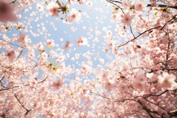 Wall Mural - Beautiful pink petals flying in air in blooming cherry blossom woods in Spring. Spring seasonal concept.