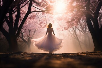 Wall Mural - Graceful woman with long skirt walking in foggy beautiful blooming cherry blossom woods with pink petals in air and on ground in Spring. Spring seasonal concept.