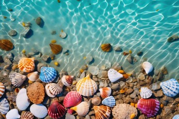 Wall Mural - Close-up view of colorful shells in sea water. Summer tropical vacation concept.