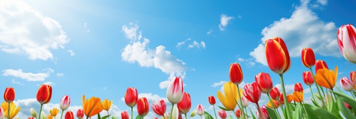 Wall Mural - Beautiful tulip with variable colors in field and blue sky in Spring. Spring seasonal concept.