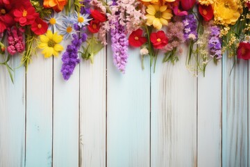 Wall Mural - Wild flower collected with variable colors on wood background in Spring. Space for text. Spring seasonal concept.