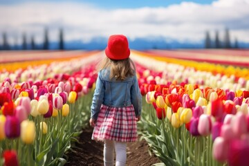 Wall Mural - A little girl stand in field of beautiful tulip with variable colors iin Spring. Spring seasonal concept.