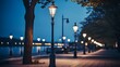 a row of brightly lit street lamps beside bay during night time. A beautiful night view of the beach with street lights and city lights. generative AI