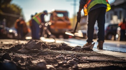 Selective focus of Asphalt contractors working on road