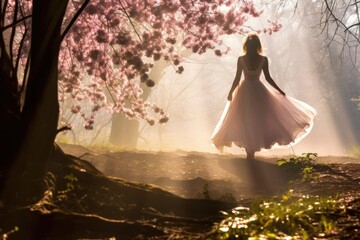 Wall Mural - Graceful woman with long skirt walking in foggy beautiful blooming cherry blossom woods with pink petals in air and on ground in Spring. Spring seasonal concept.