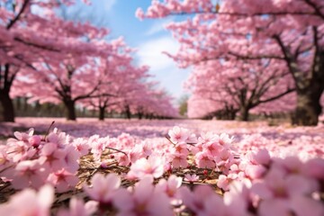 Wall Mural - Close-up view of pink petals on ground in beautiful blooming cherry blossom woods in Spring. Spring seasonal concept.